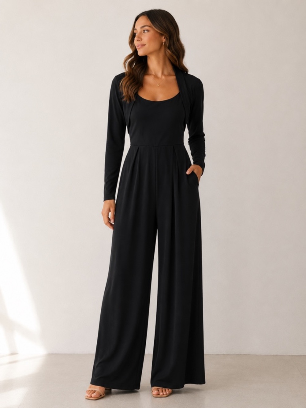 Halara Easy Peezy Wide Leg Jumpsuit S Black Long Sleeve Pockets NWT